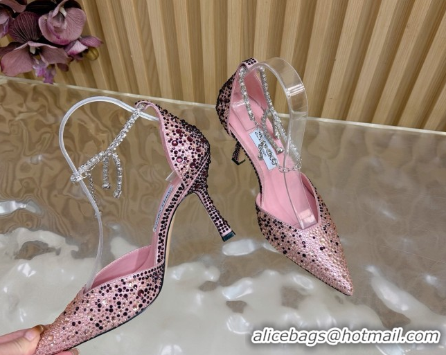Low Cost Jimmy Choo Stevie Pumps 9cm in Satin and Strass with Ankle Strap Blush Pink 1210129