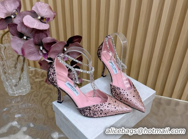 Low Cost Jimmy Choo Stevie Pumps 9cm in Satin and Strass with Ankle Strap Blush Pink 1210129