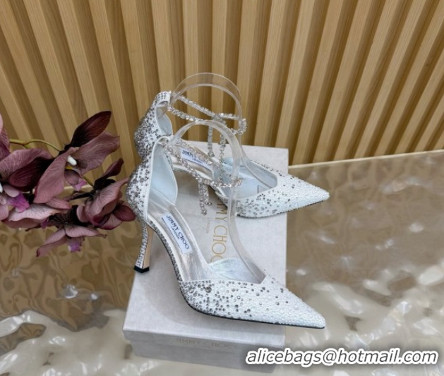 Modern Jimmy Choo Stevie Pumps 9cm in Satin and Strass with Ankle Strap Ivory White 1210130