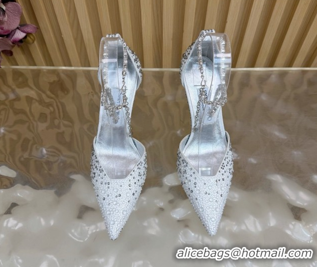 Modern Jimmy Choo Stevie Pumps 9cm in Satin and Strass with Ankle Strap Ivory White 1210130