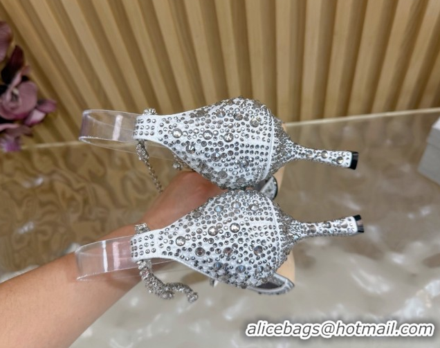 Modern Jimmy Choo Stevie Pumps 9cm in Satin and Strass with Ankle Strap Ivory White 1210130