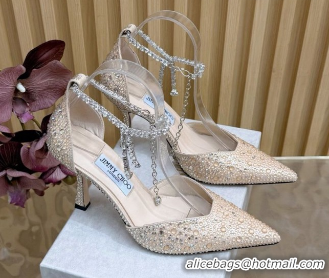 Buy Luxury Jimmy Choo Stevie Pumps 9cm in Suede and Strass with Ankle Strap Nude 1210131
