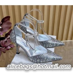 Discount Jimmy Choo Stevie Pumps 9cm in Fabric and Strass with Ankle Strap Silver 1210132