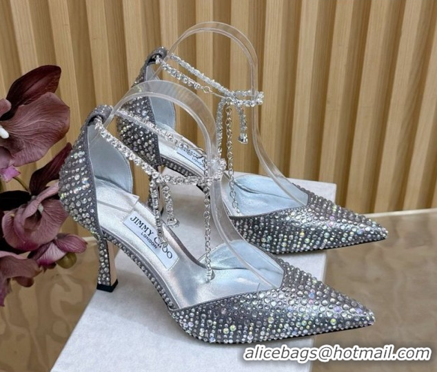 Discount Jimmy Choo Stevie Pumps 9cm in Fabric and Strass with Ankle Strap Silver 1210132
