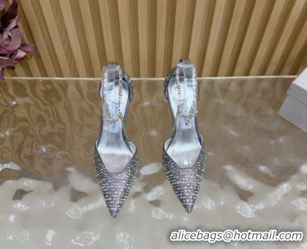 Discount Jimmy Choo Stevie Pumps 9cm in Fabric and Strass with Ankle Strap Silver 1210132