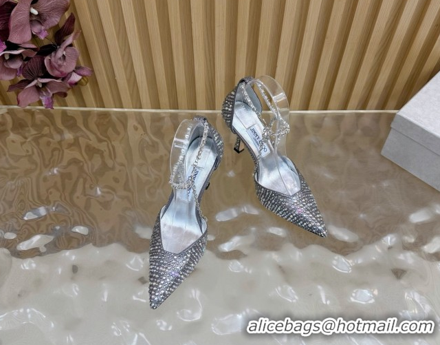Discount Jimmy Choo Stevie Pumps 9cm in Fabric and Strass with Ankle Strap Silver 1210132