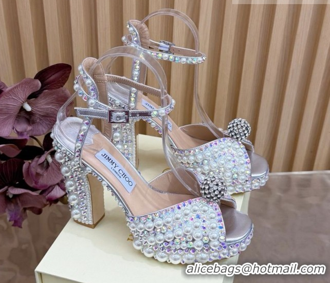 Shop Duplicate Jimmy Choo Sacaria Platform Sandals 13cm in Pearls and Strass Silver 1210136 2026
