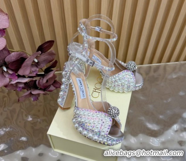 Shop Duplicate Jimmy Choo Sacaria Platform Sandals 13cm in Pearls and Strass Silver 1210136 2026