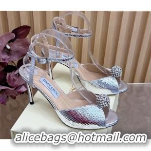 Top Grade Jimmy Choo Sacora Heel Sandals 8.5cm with Strass in Snakeskin Embossed Leather Silver 1210137 2026