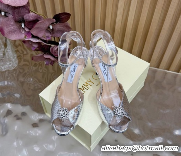 Top Grade Jimmy Choo Sacora Heel Sandals 8.5cm with Strass in Snakeskin Embossed Leather Silver 1210137 2026