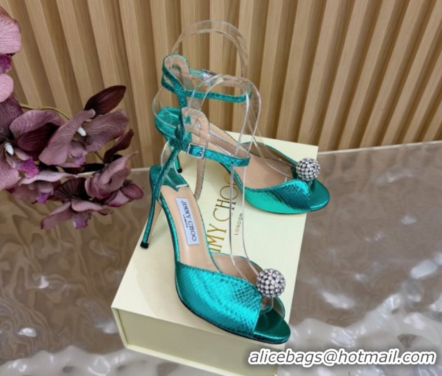 Best Product Jimmy Choo Sacora Heel Sandals 8.5cm with Strass in Snakeskin Embossed Leather Green 1210138 2026