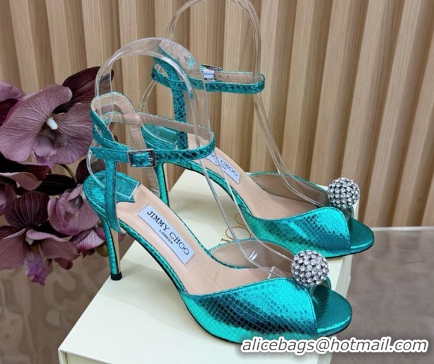 Best Product Jimmy Choo Sacora Heel Sandals 8.5cm with Strass in Snakeskin Embossed Leather Green 1210138 2026