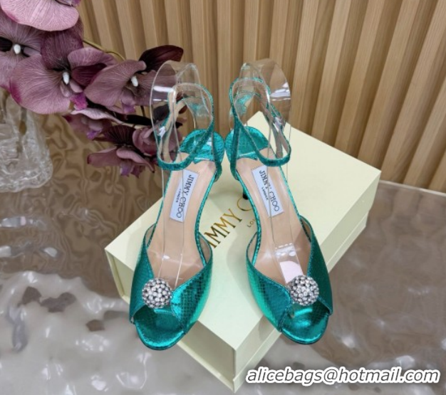 Best Product Jimmy Choo Sacora Heel Sandals 8.5cm with Strass in Snakeskin Embossed Leather Green 1210138 2026
