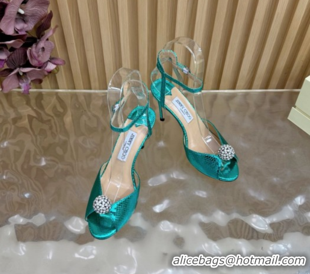 Best Product Jimmy Choo Sacora Heel Sandals 8.5cm with Strass in Snakeskin Embossed Leather Green 1210138 2026
