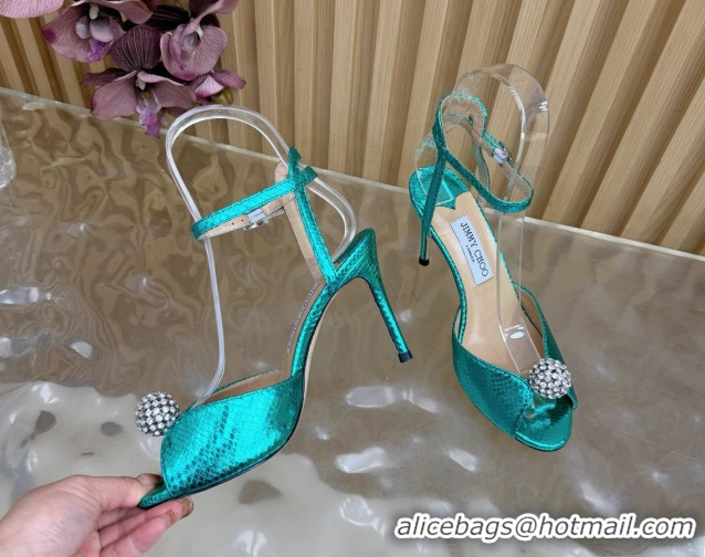 Best Product Jimmy Choo Sacora Heel Sandals 8.5cm with Strass in Snakeskin Embossed Leather Green 1210138 2026