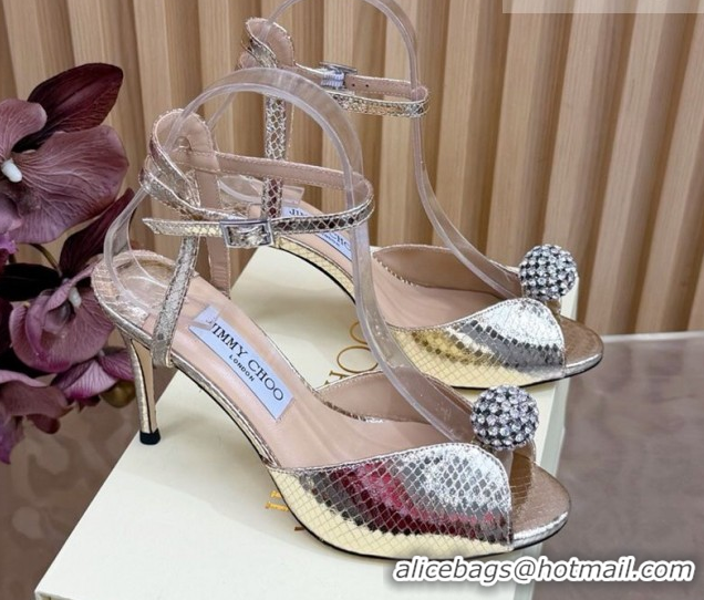 Durable Jimmy Choo Sacora Heel Sandals 8.5cm with Strass in Snakeskin Embossed Leather Gold 1210139 2026