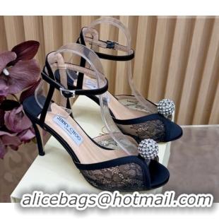 Good Quality Jimmy Choo Sacora Heel Sandals 8.5cm with Strass in Floral Lace Black 1210140 2026
