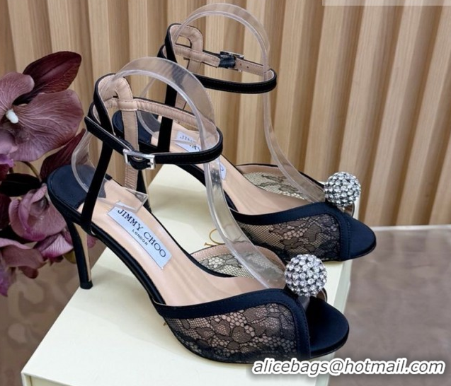 Good Quality Jimmy Choo Sacora Heel Sandals 8.5cm with Strass in Floral Lace Black 1210140 2026