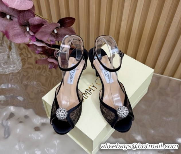 Good Quality Jimmy Choo Sacora Heel Sandals 8.5cm with Strass in Floral Lace Black 1210140 2026