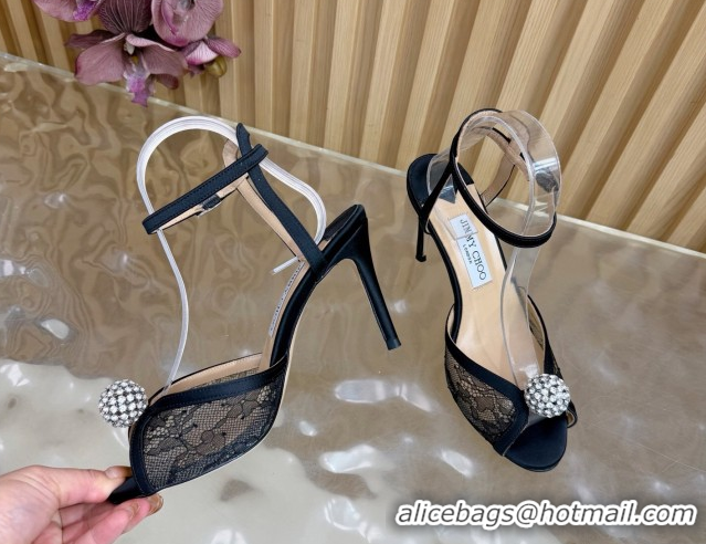 Good Quality Jimmy Choo Sacora Heel Sandals 8.5cm with Strass in Floral Lace Black 1210140 2026