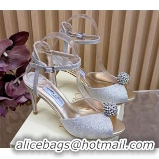 Cheap Price Jimmy Choo Sacora Heel Sandals 8.5cm with Strass in Silver-Tone Glitters 1210141 2026