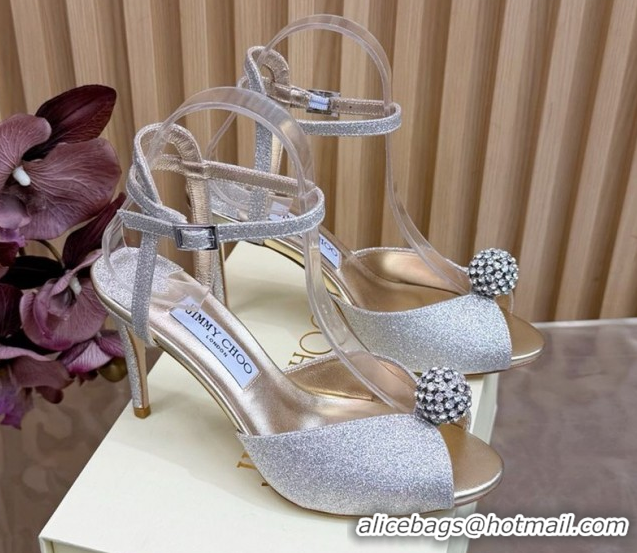 Cheap Price Jimmy Choo Sacora Heel Sandals 8.5cm with Strass in Silver-Tone Glitters 1210141 2026
