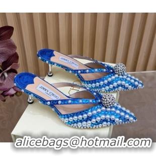 Luxury Jimmy Choo Siva Heel Mules in Strass and Pearls Blue 1210147 2026