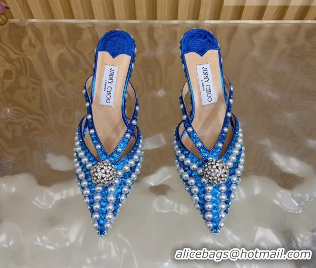 Luxury Jimmy Choo Siva Heel Mules in Strass and Pearls Blue 1210147 2026