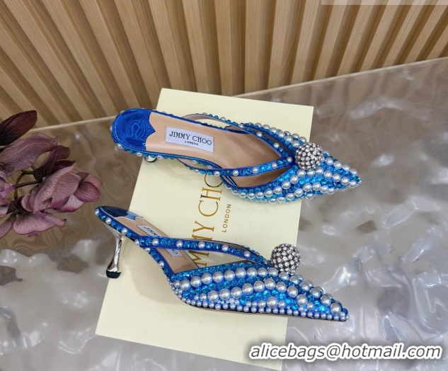 Luxury Jimmy Choo Siva Heel Mules in Strass and Pearls Blue 1210147 2026