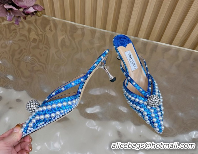 Luxury Jimmy Choo Siva Heel Mules in Strass and Pearls Blue 1210147 2026