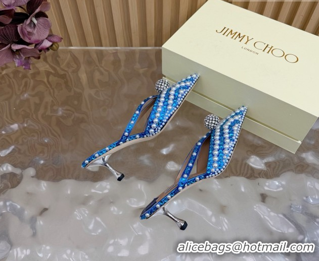 Luxury Jimmy Choo Siva Heel Mules in Strass and Pearls Blue 1210147 2026
