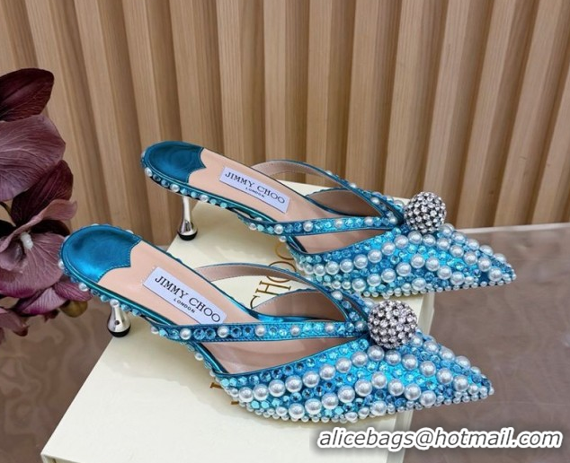 1:1 aaaaa Jimmy Choo Siva Heel Mules in Strass and Pearls Light Blue 1210150 2026