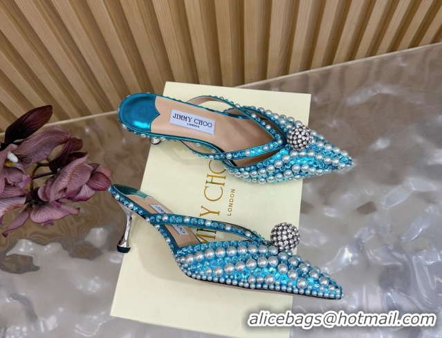 1:1 aaaaa Jimmy Choo Siva Heel Mules in Strass and Pearls Light Blue 1210150 2026