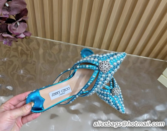 1:1 aaaaa Jimmy Choo Siva Heel Mules in Strass and Pearls Light Blue 1210150 2026