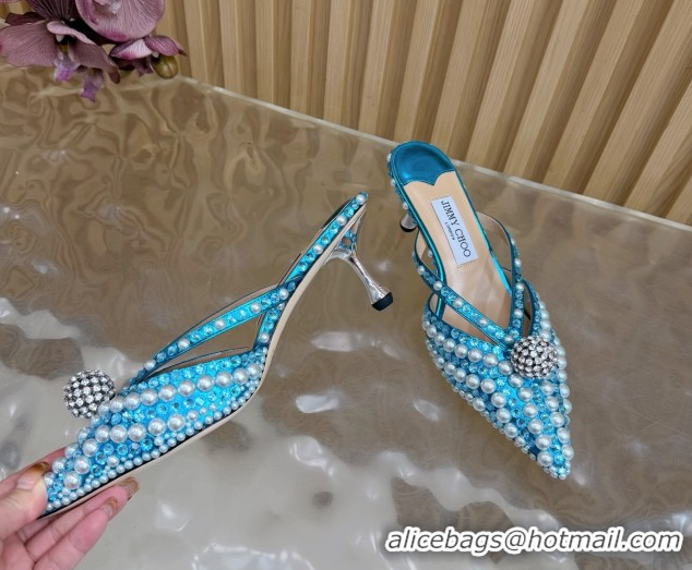 1:1 aaaaa Jimmy Choo Siva Heel Mules in Strass and Pearls Light Blue 1210150 2026
