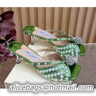 1:1 Jimmy Choo Siva Heel Slides Sandal 6.5cm in Strass and Pearls Green 1210151