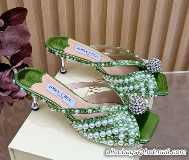 1:1 Jimmy Choo Siva Heel Slides Sandal 6.5cm in Strass and Pearls Green 1210151