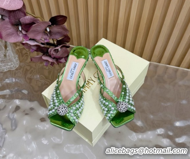 1:1 Jimmy Choo Siva Heel Slides Sandal 6.5cm in Strass and Pearls Green 1210151