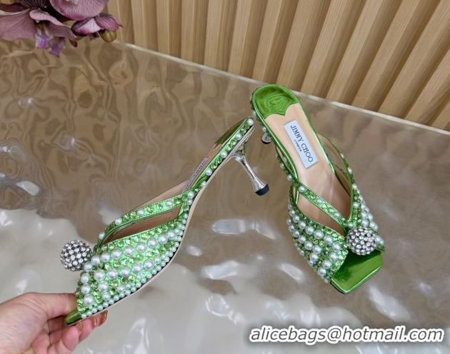 1:1 Jimmy Choo Siva Heel Slides Sandal 6.5cm in Strass and Pearls Green 1210151