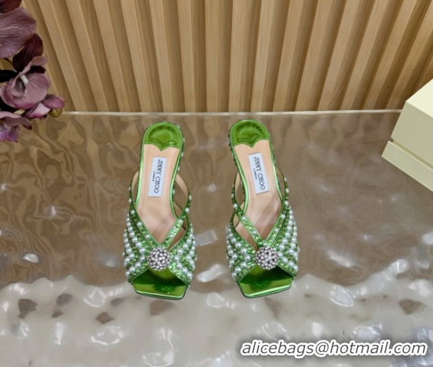 1:1 Jimmy Choo Siva Heel Slides Sandal 6.5cm in Strass and Pearls Green 1210151