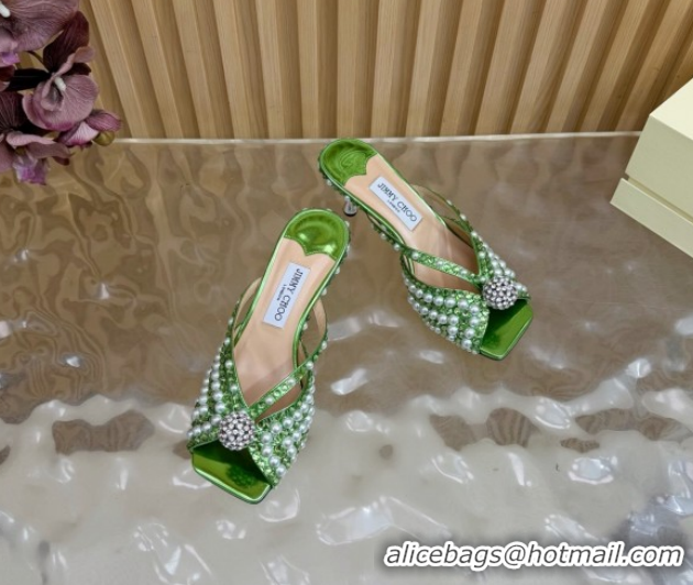 1:1 Jimmy Choo Siva Heel Slides Sandal 6.5cm in Strass and Pearls Green 1210151