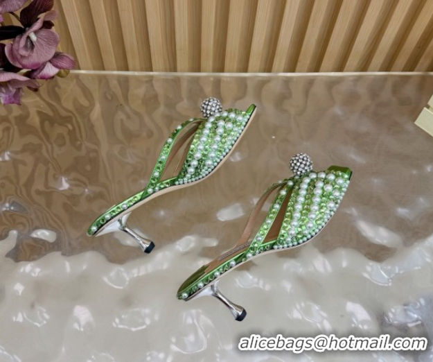 1:1 Jimmy Choo Siva Heel Slides Sandal 6.5cm in Strass and Pearls Green 1210151