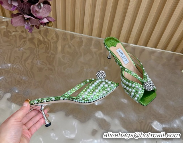 1:1 Jimmy Choo Siva Heel Slides Sandal 6.5cm in Strass and Pearls Green 1210151
