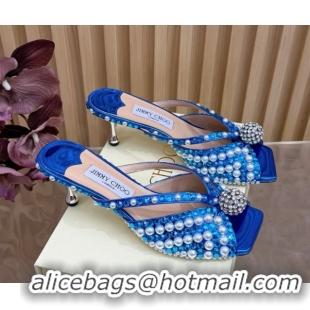 Stylish Jimmy Choo Siva Heel Slides Sandal 6.5cm in Strass and Pearls Blue 1210152 2026