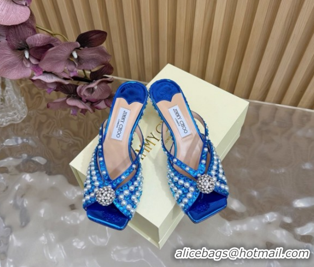 Stylish Jimmy Choo Siva Heel Slides Sandal 6.5cm in Strass and Pearls Blue 1210152 2026