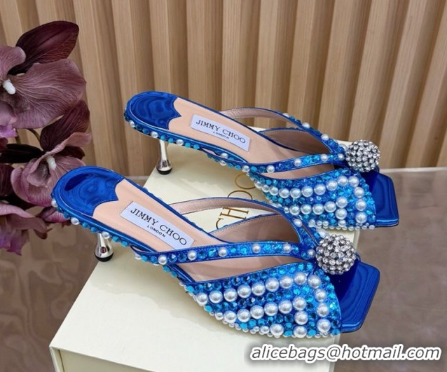Stylish Jimmy Choo Siva Heel Slides Sandal 6.5cm in Strass and Pearls Blue 1210152 2026