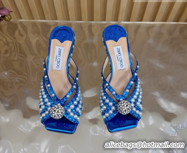 Stylish Jimmy Choo Siva Heel Slides Sandal 6.5cm in Strass and Pearls Blue 1210152 2026