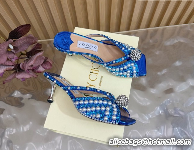 Stylish Jimmy Choo Siva Heel Slides Sandal 6.5cm in Strass and Pearls Blue 1210152 2026
