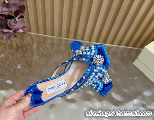 Stylish Jimmy Choo Siva Heel Slides Sandal 6.5cm in Strass and Pearls Blue 1210152 2026