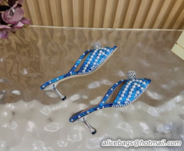 Stylish Jimmy Choo Siva Heel Slides Sandal 6.5cm in Strass and Pearls Blue 1210152 2026